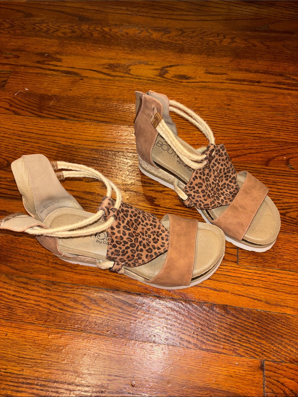 Leopard Accent Tan Wedge Sandals with Rope Ankle Tie